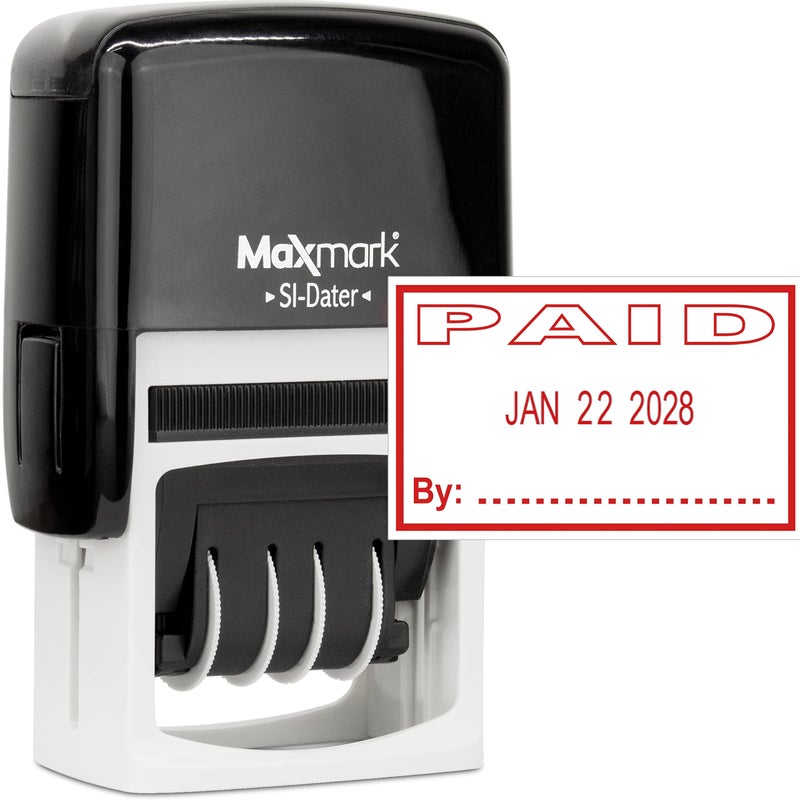 MaxMark Office Self Inking Date Stamp with Phrase Paid - Red Ink - Image 1